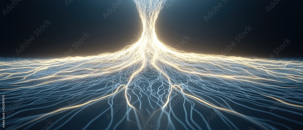 Poster abstract representation of glowing energy streams converging towards a central point, creating a mes