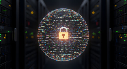 Cybersecurity data protection global network server room digital sphere secure lock encryption technology modern internet on transparent background