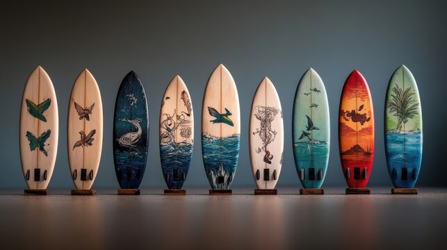 A row of uniquely designed surfboards with ocean and bird artwork, elegantly displayed against a gradient background.