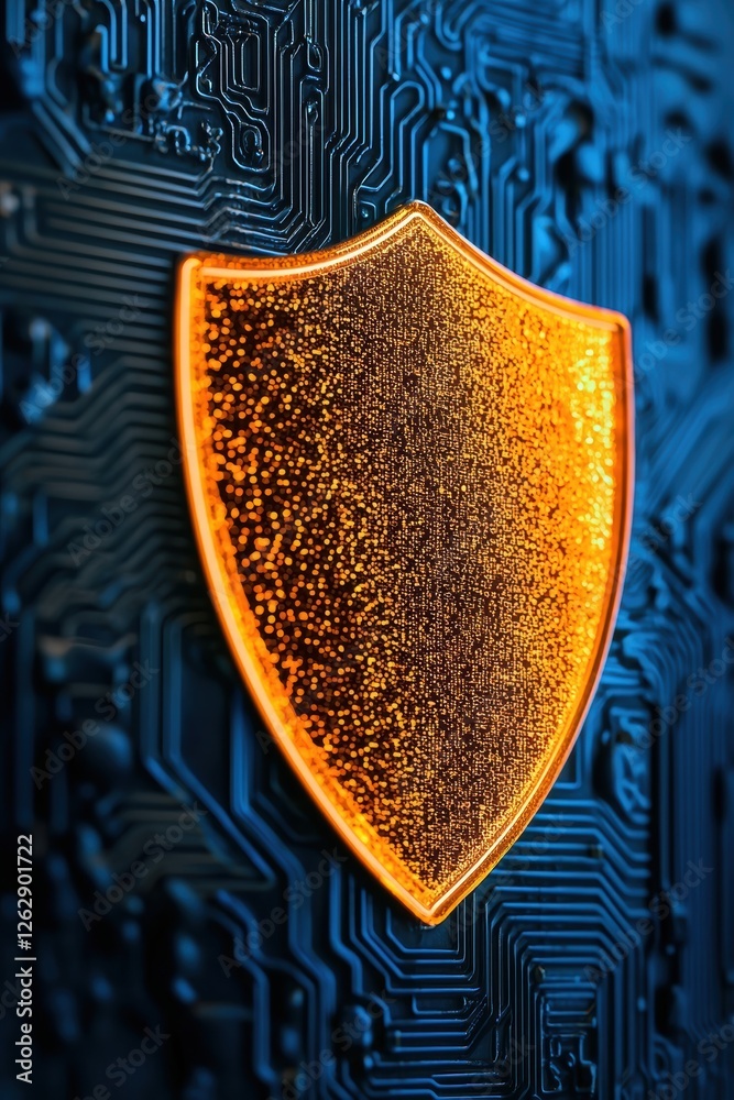 Poster digital shield symbolizing cybersecurity and protection over data in a technologically advanced sett