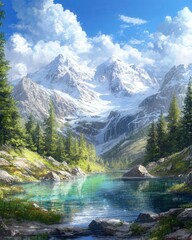 mountains, a crystal-clear lake radiates tranquility, its beauty enhanced by the crisp air and vibrant sunlight