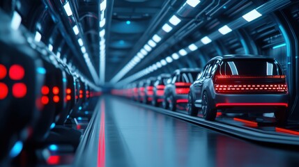 Futuristic Vehicle Factory with Advanced Technology and Automated Production Line in High-Tech Environment