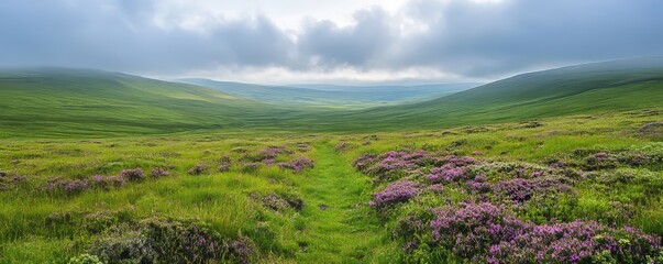 Pastel Clouds Over Rolling Green Hills, Generative AI