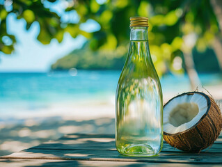 Obraz premium Refreshing coconut water and pineapple vitamin drink with a tropical beach backdrop at midday creating a sense of hydration and vitality