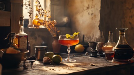 Cozy vintage bar scene with a classic cocktail, vintage bottles, and warm natural light creating an inviting atmosphere.