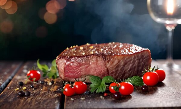 A mouthwatering, juicy grilled steak plated beautifully with fresh greens, enticing food lovers to experience culinary perfection and indulgence.