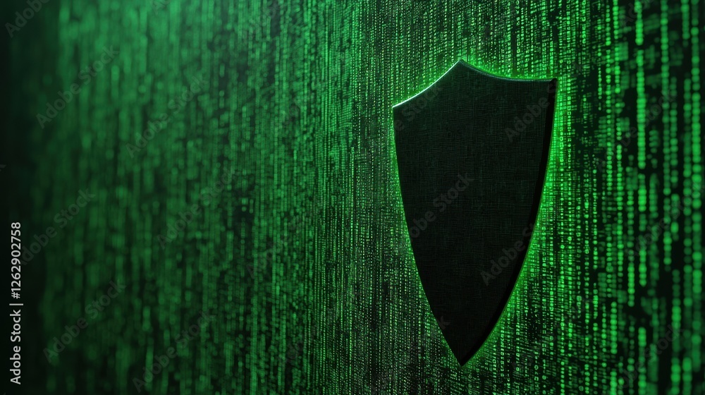Poster a digital shield icon on a green binary code backdrop representing cybersecurity and data protection