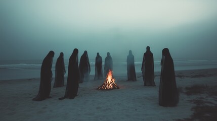 Silhouetted cloaked figures encircle a bonfire on a foggy beach, creating an eerie and mystical atmosphere at dusk.