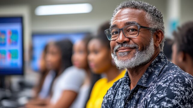 Mature man smiles, students in computer lab