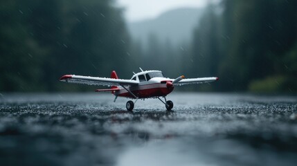 Miniature Airplane on Wet Road, Rainy Forest Background. Possible Stock Photo Use