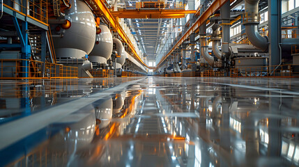 Fototapeta premium A pristine factory floor of a cement plant, with modern equipment in use, demonstrating the clean, precise, and knowledgeable atmosphere of the working environment.