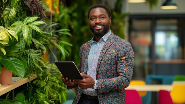 man in casual business attire holding a tablet and smiling confidently, leaning against a desk in a vibrant coworking space with colorful furniture and greenery - Powered by Adobe