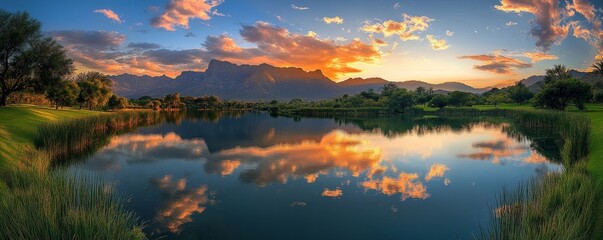 Fototapeta premium Tranquil Lake With a Reflected Sunset, Generative AI