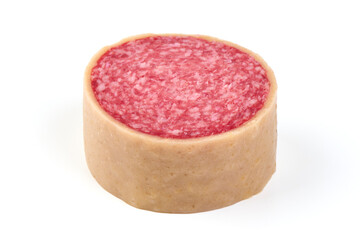 Sliced Dry Cured Salami Sausage with cheese, salami parmesano, isolated on white background.