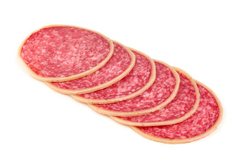 Sliced Dry Cured Salami Sausage with cheese, salami parmesano, isolated on white background.