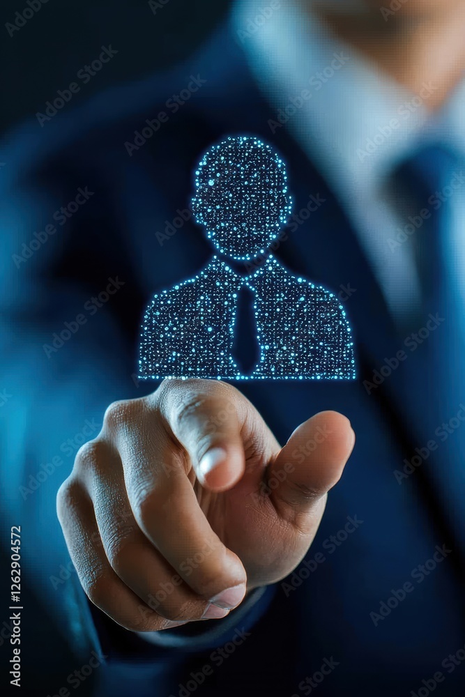Poster a business professional interacting with a digital user interface representing virtual communication