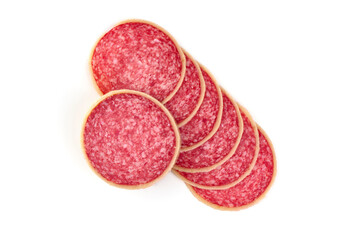 Sliced Dry Cured Salami Sausage with cheese, salami parmesano, isolated on white background.