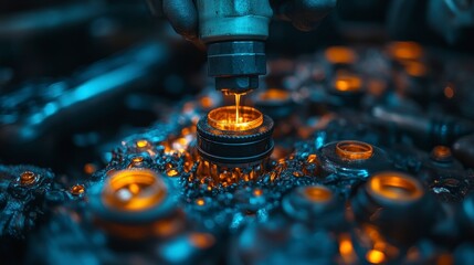 Mechanic repairing car engine, close-up, glowing parts, workshop background