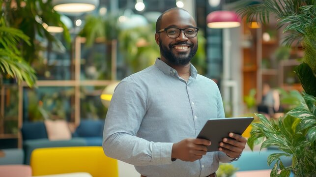 man in casual business attire holding a tablet and smiling confidently, leaning against a desk in a vibrant coworking space with colorful furniture and greenery