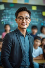 Obraz premium Asian teacher smiling in classroom with students in background