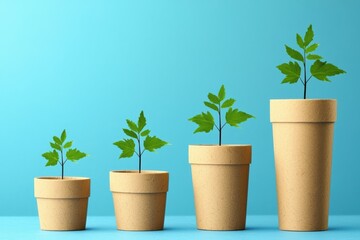 Obraz premium A collection of potted plants showcasing growth and vitality against a bright blue background, ideal for nature and gardening themes.