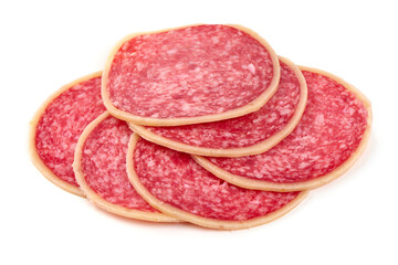 Sliced Dry Cured Salami Sausage with cheese, salami parmesano, isolated on white background.