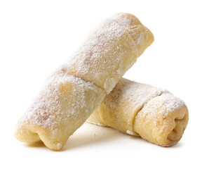 Delicious powdered sugar pastries displayed on a white background during a festive gathering