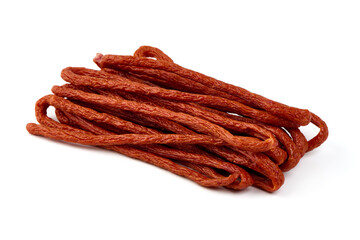 Kabanos thin dry sausage, snacks for beer, isolated on the white background.