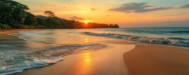 Quiet Beach With Rolling Waves at Sunset, Generative AI