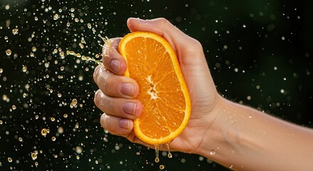 Squeezing Fresh Orange with Splashing Juice for Healthy Refreshment