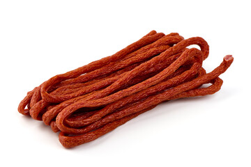 Kabanos thin dry sausage, snacks for beer, isolated on the white background.