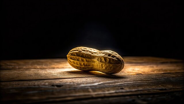 Backlit photography reveals a peanut shell's silhouette against a rich, dark wood table.