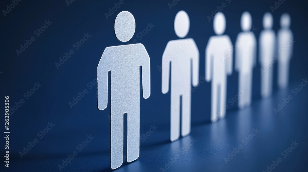 Poster a minimalistic representation of paper figures aligned in a row, symbolizing and teamwork against a 