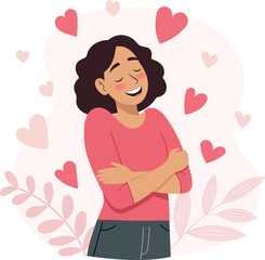 Illustration of a cheerful woman hugging herself with a warm smile, reminding of self-love and positivity.