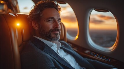 Business jet taking off with a professional looking out the window at a global destination