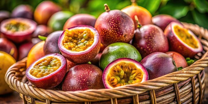 Canasto de Maracuy&aacute;s showcased in captivating tilt-shift.  A miniature scene, brimming with vibrant fruit.