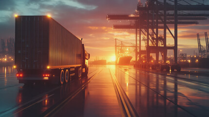 Container truck in ship port for business Logistics and transportation of Container Cargo ship and Cargo plane with working crane bridge in shipyard at sunrise, logistic import export and transport