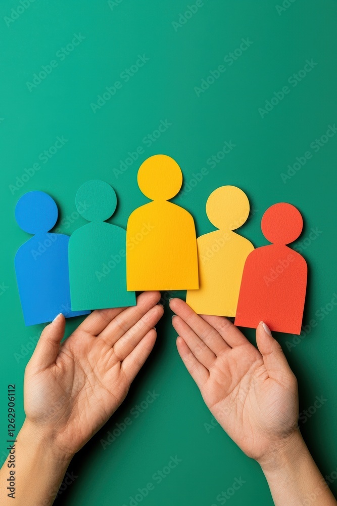 Canvas Prints Colorful paper cutouts representing diverse people held in hands. Ideal for teamwork, diversity, and community concepts.