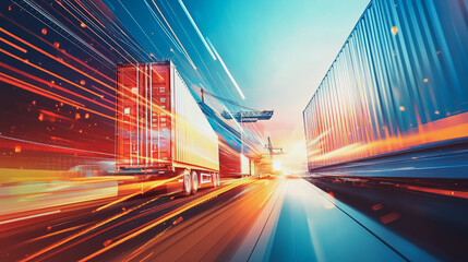 Container truck in ship port for business Logistics and transportation of Container Cargo ship and Cargo plane with working crane bridge in shipyard at sunrise, logistic import export and transport