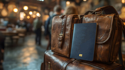 Business travel essentials including passport, boarding pass, and mobile itinerary