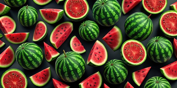 Cool summer watermelon pattern explodes on a black background, a refreshing design perfect for summer. - Powered by Adobe