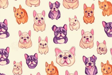 Small draw dog pattern, with pastel pink, purple and orange on a cream background.
