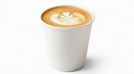 A latte in a white cup, with smooth, velvety foam art on top, sitting against a clean white background.