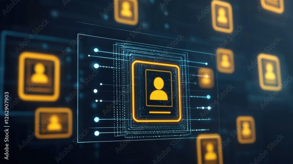 Poster digital network of user profiles with interconnected data streams showcasing modern technology and o