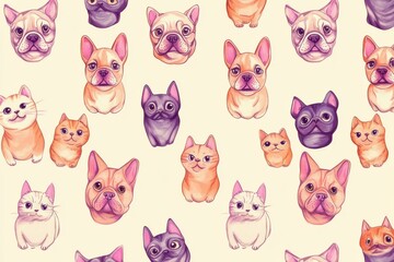 Obraz premium Small draw dog pattern, with pastel pink, purple and orange on a cream background.