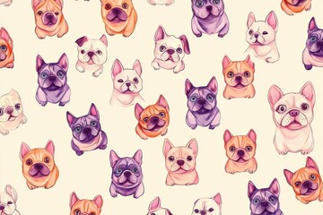 Small draw dog pattern, with pastel pink, purple and orange on a cream background.