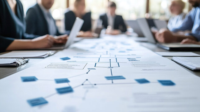 A company’s corporate governance structure visualized with flowcharts, board members, and decision-making processes