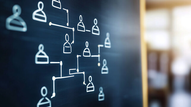 A company’s corporate governance structure visualized with flowcharts, board members, and decision-making processes