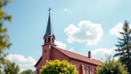 Obraz premium Stately brick church with tall spire and cross against clear blue sky.