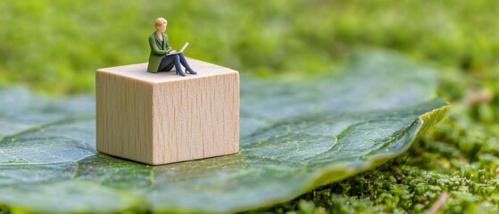 Obraz premium Miniature figure reading on a wooden cube atop a green leaf, symbolizing nature, relaxation, and creativity in a serene environment.